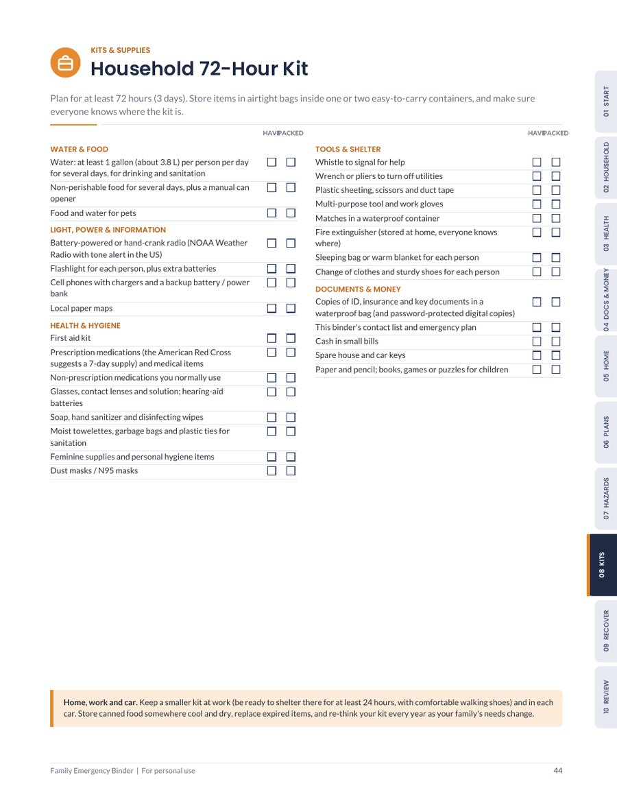 Binder page 44: household 72-hour kit checklist with tick boxes grouped by category