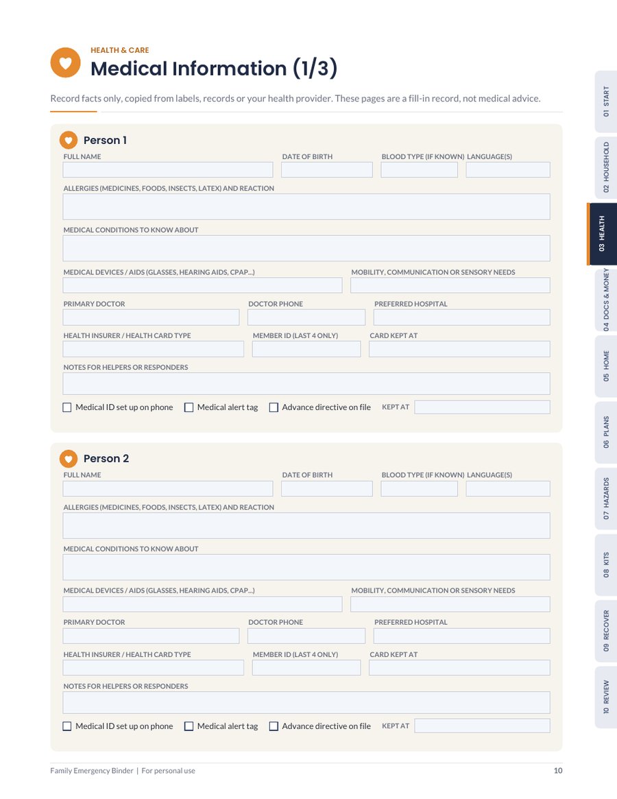 Binder page 10: fillable medical information form with fields for each household member