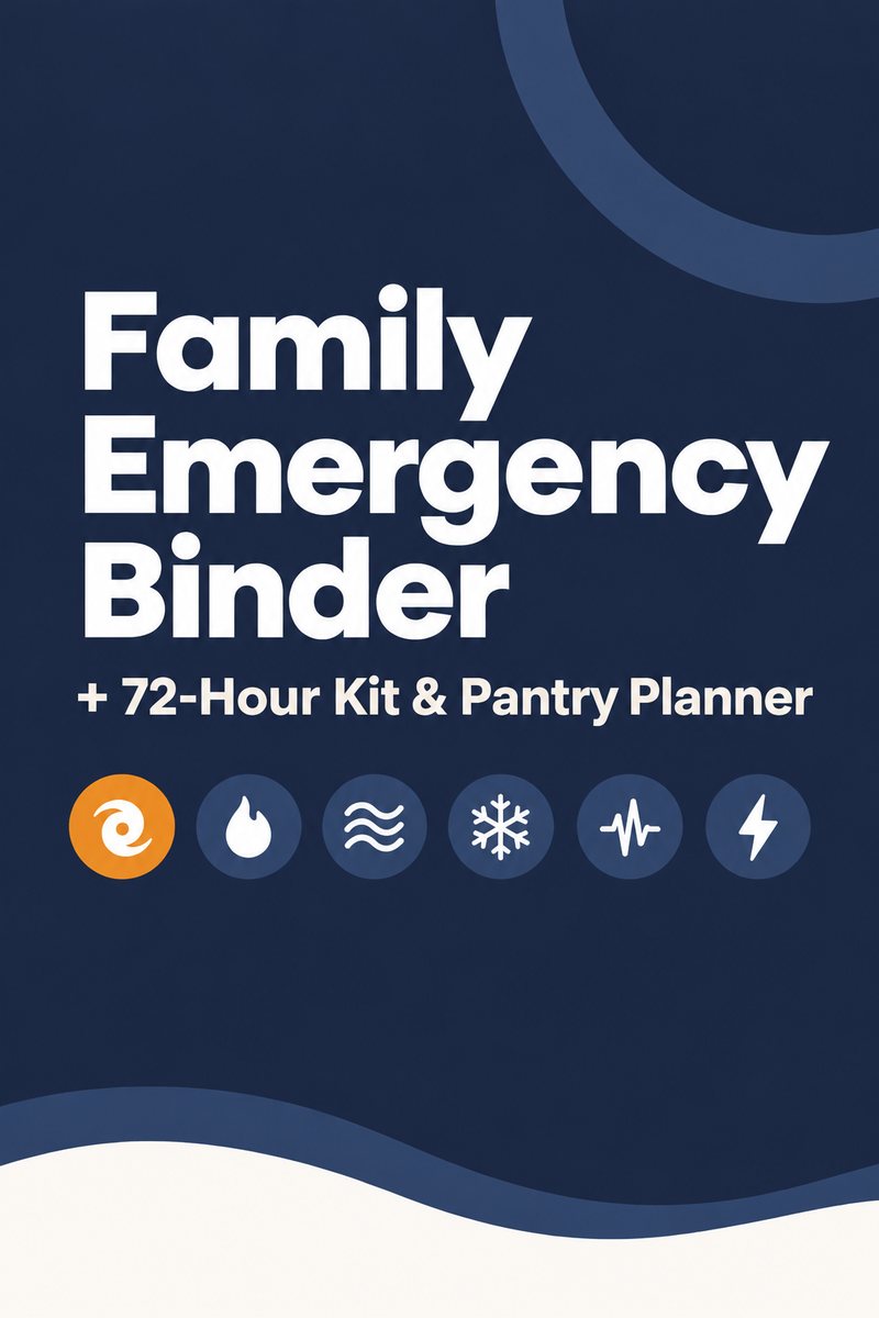 Cover of the Family Emergency Binder + 72-Hour Kit & Pantry Planner, navy with hazard icons for hurricane, fire, flood, winter storm, earthquake and power outage