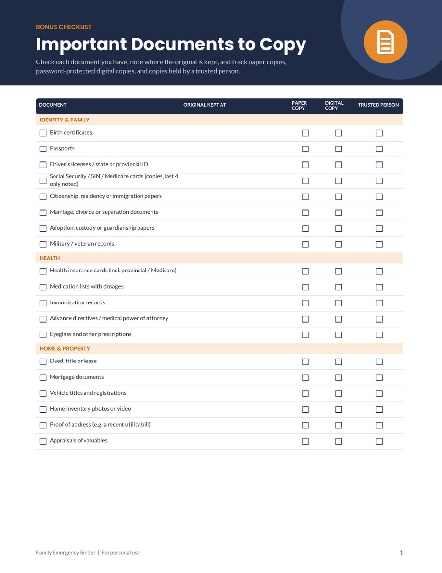 Important Documents to Copy checklist, page 1, listing identity, health and money records with tick boxes