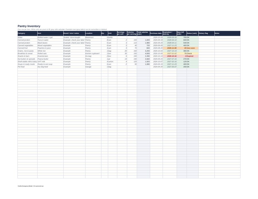 Pantry inventory tab of the spreadsheet with columns for item, category, quantity and expiry date
