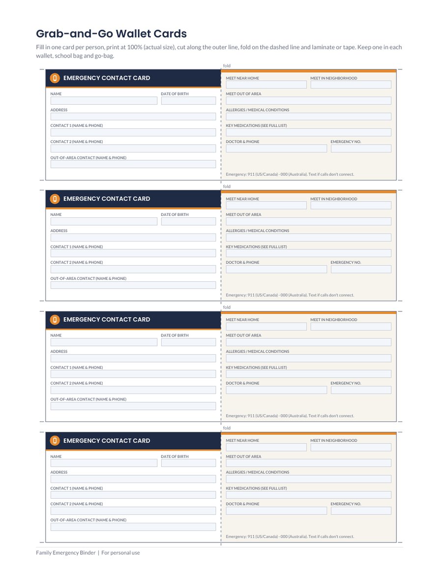 Page of four fillable fold-over emergency contact wallet cards ready to print and cut out